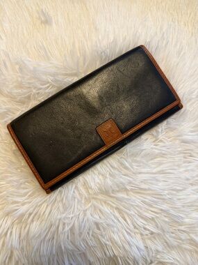 Celine Vintage Black Leather Wallet with Brown Trim and Logo Patch